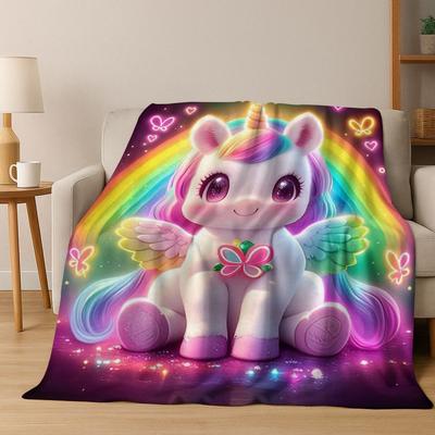 Cartoon Rainbow Unicorn Elves Girl Gift Flannel Blanket,Cozy Soft Throw Blanket for Home Bedroom Bed Sofa Picnic Cover Kids