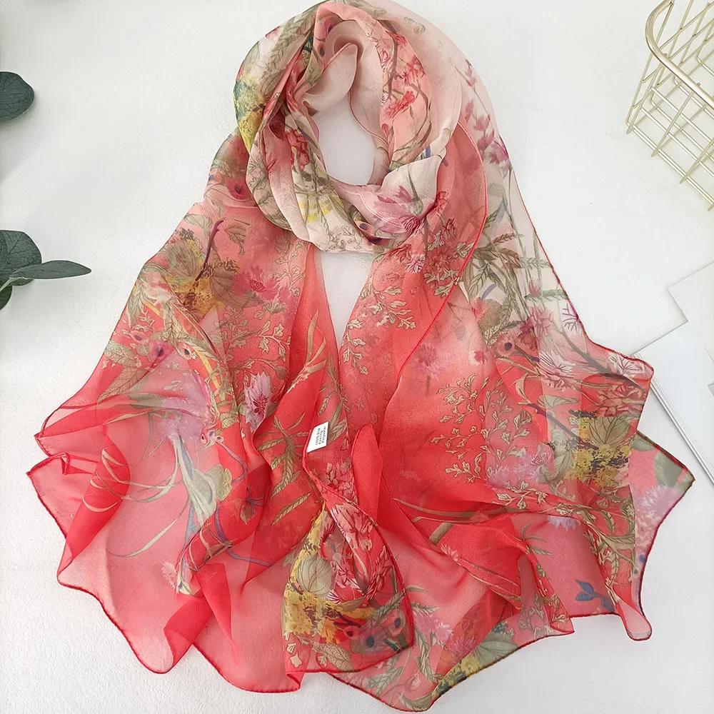 

New Fashion Flower Plants Chiffon Silky Georgette Scarf Women Geometric Printing Long Soft Wrap Shawl Beach Kerchief Scarves 160 50cm