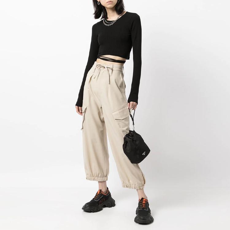 Y-3 Wool Blend High-Waisted Tie Waist Cargo Pants Women Pants Khaki HB6341