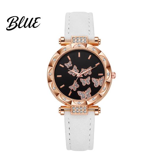 Ladies Watch Butterfly Artificial Leather Strap Quartz Rhinestone Casual Women