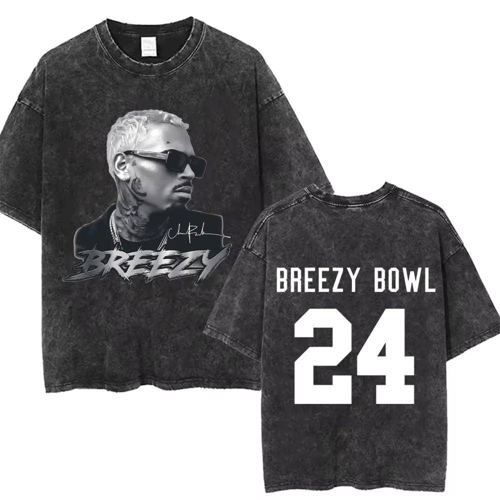 Rapper Chris Brown Breezy Bowl XX Tour  Vintage Washed Tshirts Men Women Hip Hop Fashion T Shirts Male Cotton Retro Tshirt
