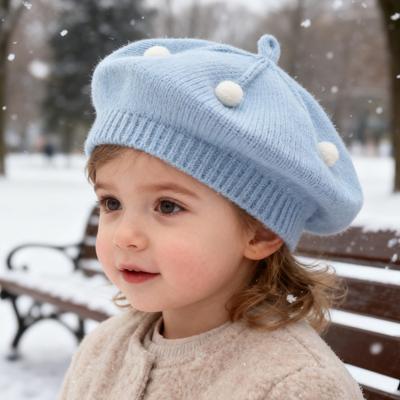 French Style Beret Hat Plush Ball Decor Baby Beret Hat with Anti-Slip Design Elastic