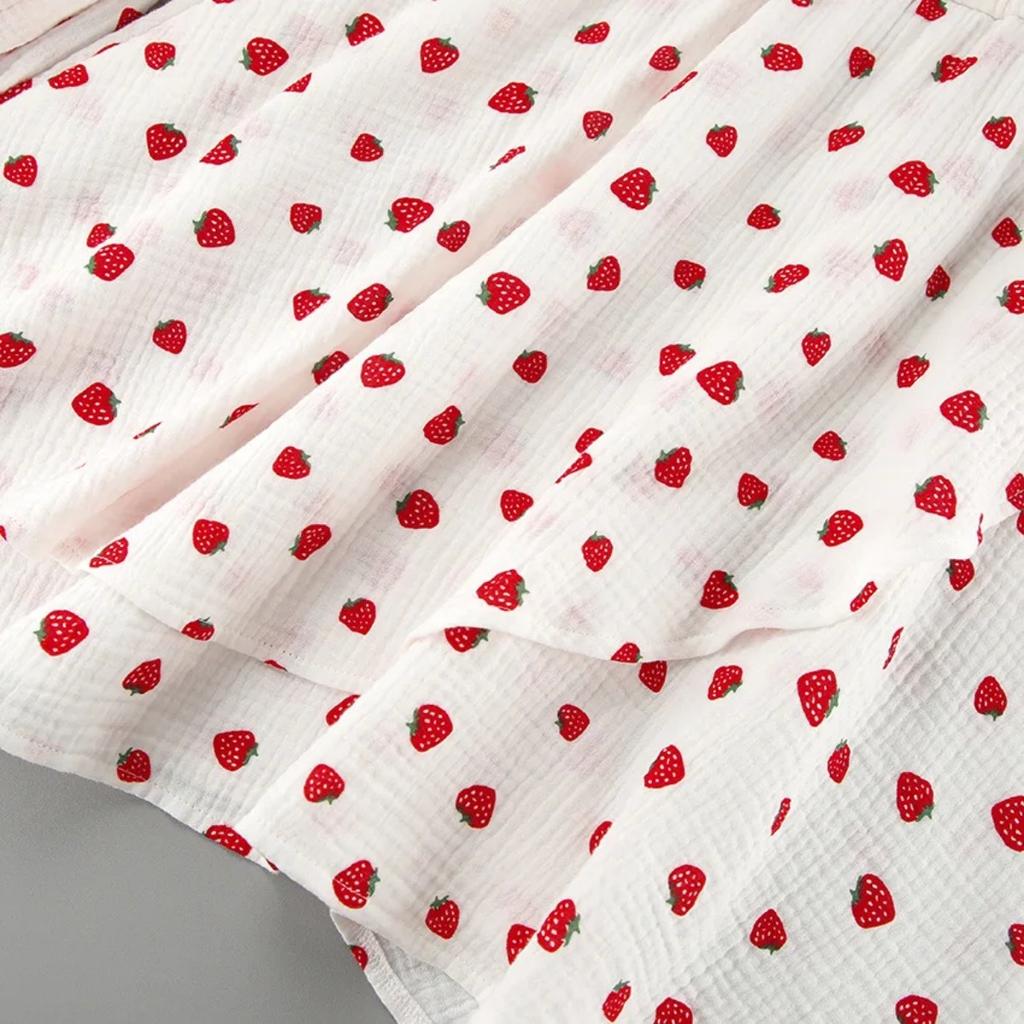 LYRIA New Strawberry Print V Neck Lantern Sleeve Dress Fashion Dress Women