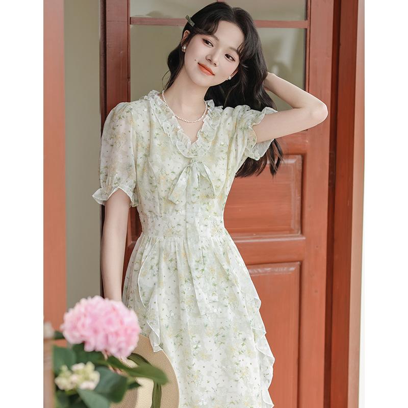 Summer Sweet Little Clear Lotus Leaf Edge Floral Dress Sweet Chiffon Short Sleeve Dress