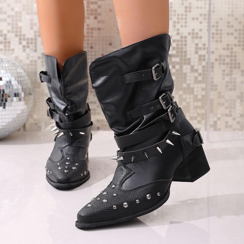 Women's Wide Width V-Cut Ankle Boots, Pointed Toe Chunky Heel Western Boots, Studded Stacked Cowboy Boots for Winter
