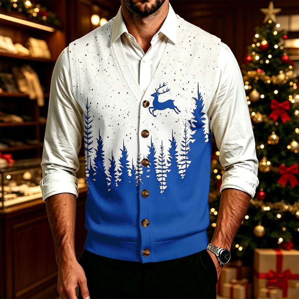 Maglione da Uomo con Scollo a V, Bottoni Grandi e Stampa Natalizia per Feste e Uso Casual Invernale