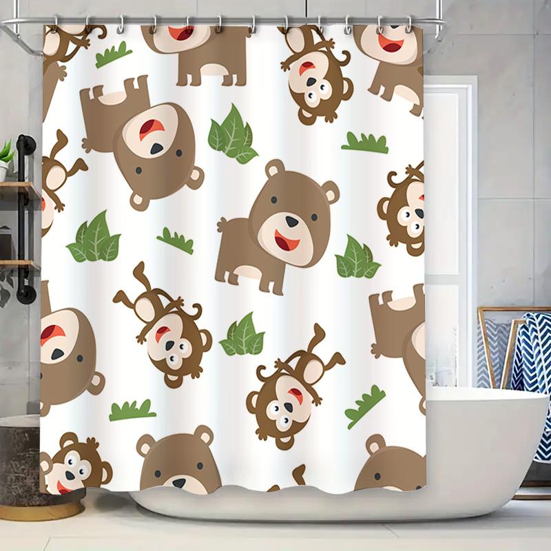 

Adorable Monkey Bears Shower Curtain Waterproof Fabric Decorative Bathroom Window Covering for Kids Bath Room Green Leaf Print 90x180cm