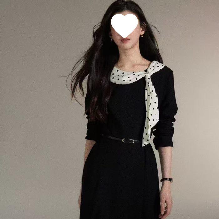 2025 Elegant French Polka Dot Black Dress with Flowy Collar and Slimming Waist S