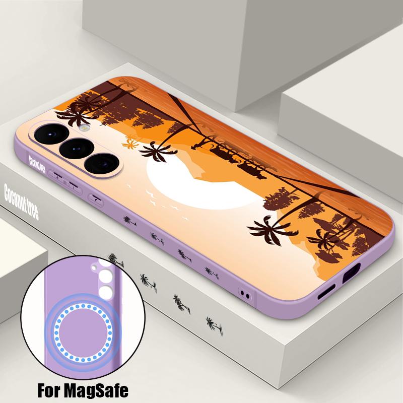 Seaside Coconut Print Case For Samsung Galaxy S26 Ultra S25 FE S24 S23 S22 Plus S21 FE Built-in Metal Plate Magnetic Silicone Cover