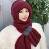 Scarf One-piece Hat Women's Winter Velvet Anti-wind and Cold Scarf One-piece Knitted Wool Hat Outdoor Middle-aged Hat
