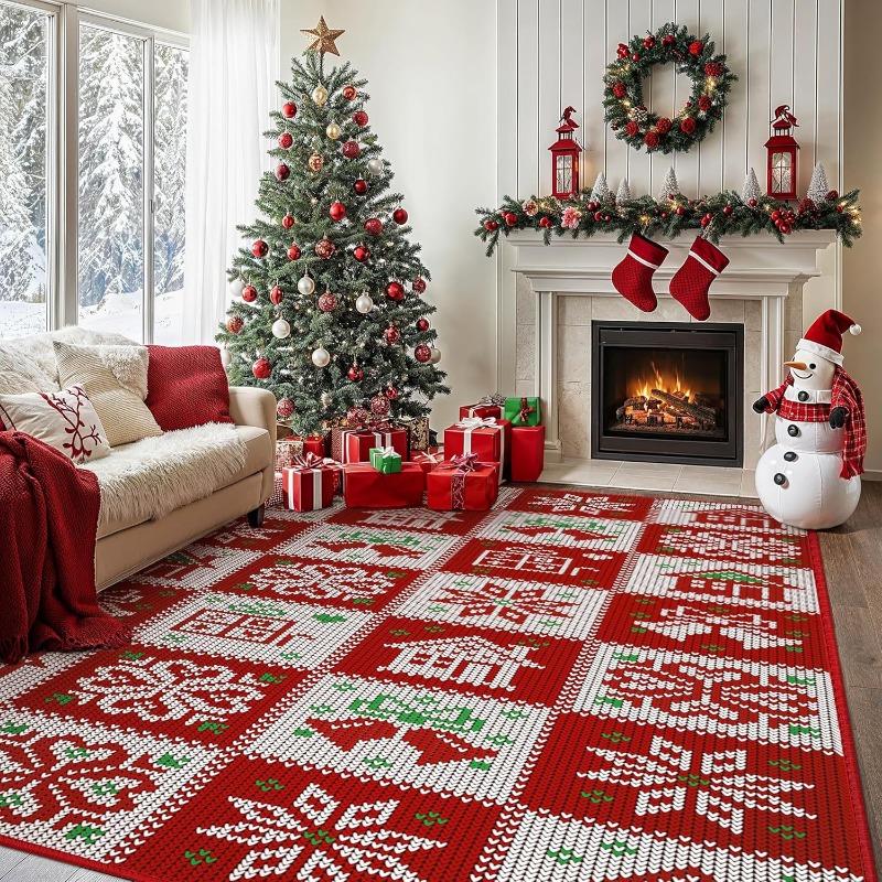 Merry Christmas Holiday Rug All-Over Living Room Carpet Festive Door Mat Washable Decorative Floor Decor for Xmas Very Beauty