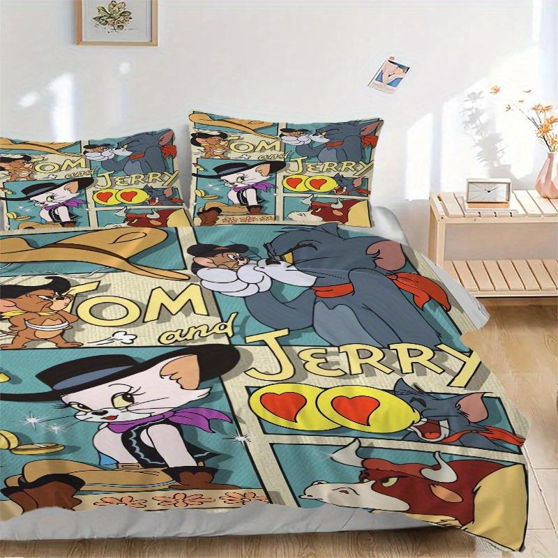 3pcs Western Adventure Tom & Jerry Quilt Cover Set (1 Quilt Cover + 2 Pillowcases Without Pillow Core), High-Definition Printing for Home and Dor 135x200cm