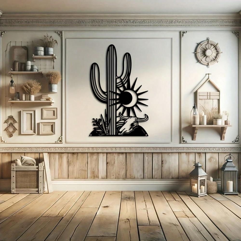 Metal Cactus Wall Art Sun Bull Design Elegant Black Iron Decor Living Room Balcony Gift