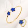 New Design Lucky Stainless Steel FIve Leaf Flower Bangle Ring Jewelry Set for Women Waterproof Fashion Jewelry Party Gift Clover