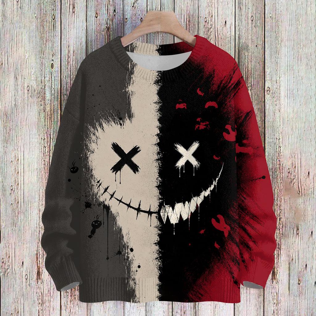 Women's Casual Long Sleeve Halloween Print Round Neck Knit Sweater Top