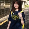 Navy Blue Round Neck Cotton Short-sleeved T-shirt Women's Summer New Cartoon Dog Print Casual Loose Top Women