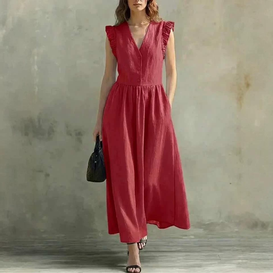women s V Neck Ruffle Sleeveless Button Front High Waist A Line Midi Dress Casual Vacation Sundress With Pockets S красный
