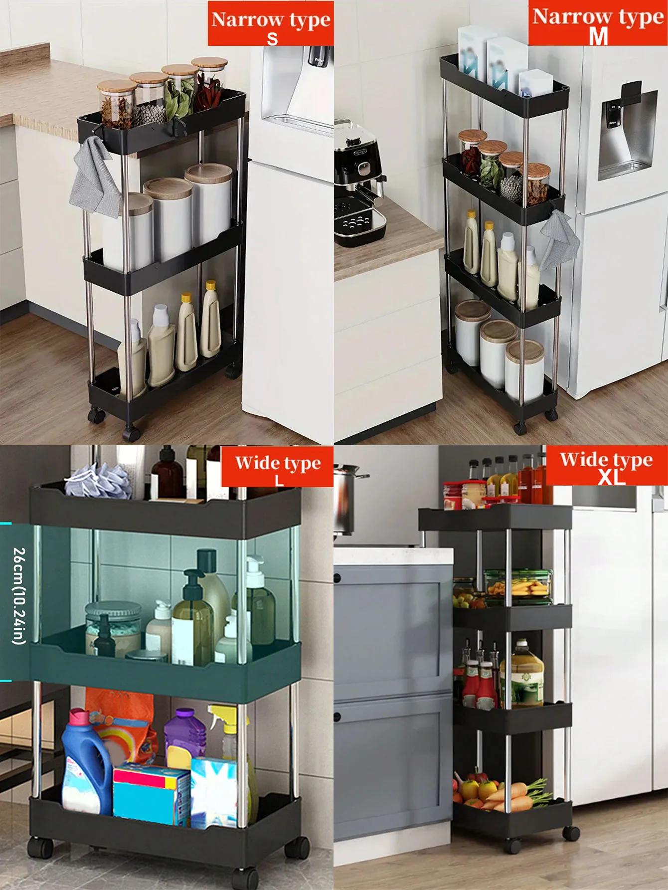 

3/4-Tier Rolling Utility Cart, Slim Slide Storage Shelf for Kitchen/Bathroom, Movable Gap Organizer with Wheels for Tight Spaces S чёрный