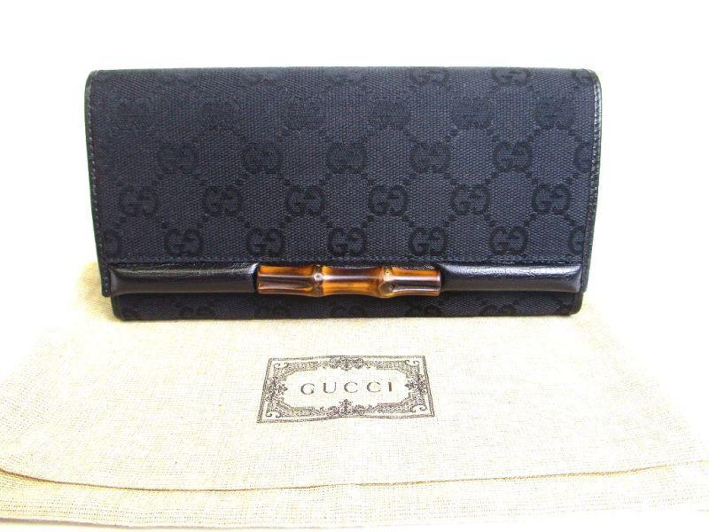 Authentic GUCCI GG Bamboo Black Canvas Leather RFlap Long Wallet #a231  Refurbished