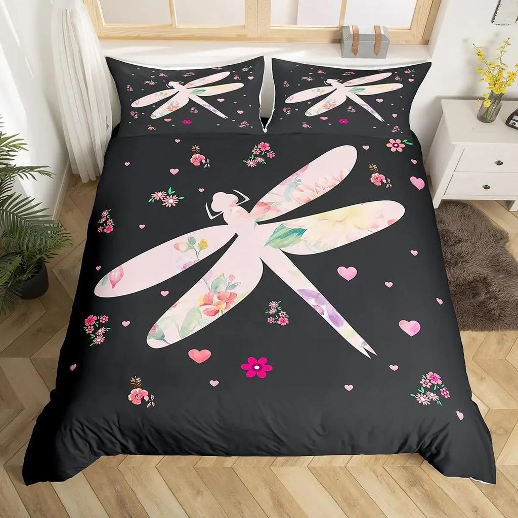 Boho Dragonfly King Queen Duvet Cover Cute Flower Love Heart Bedding Set Watercolor Floral Rustic Style Polyester Quilt Cover
