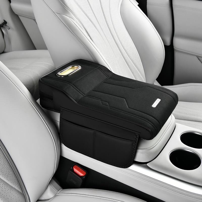 Universal Car Armrest Pad Height-Increasing Insoles Shearling Tissue Storage Box With Side Card Holder/Storage Pouch