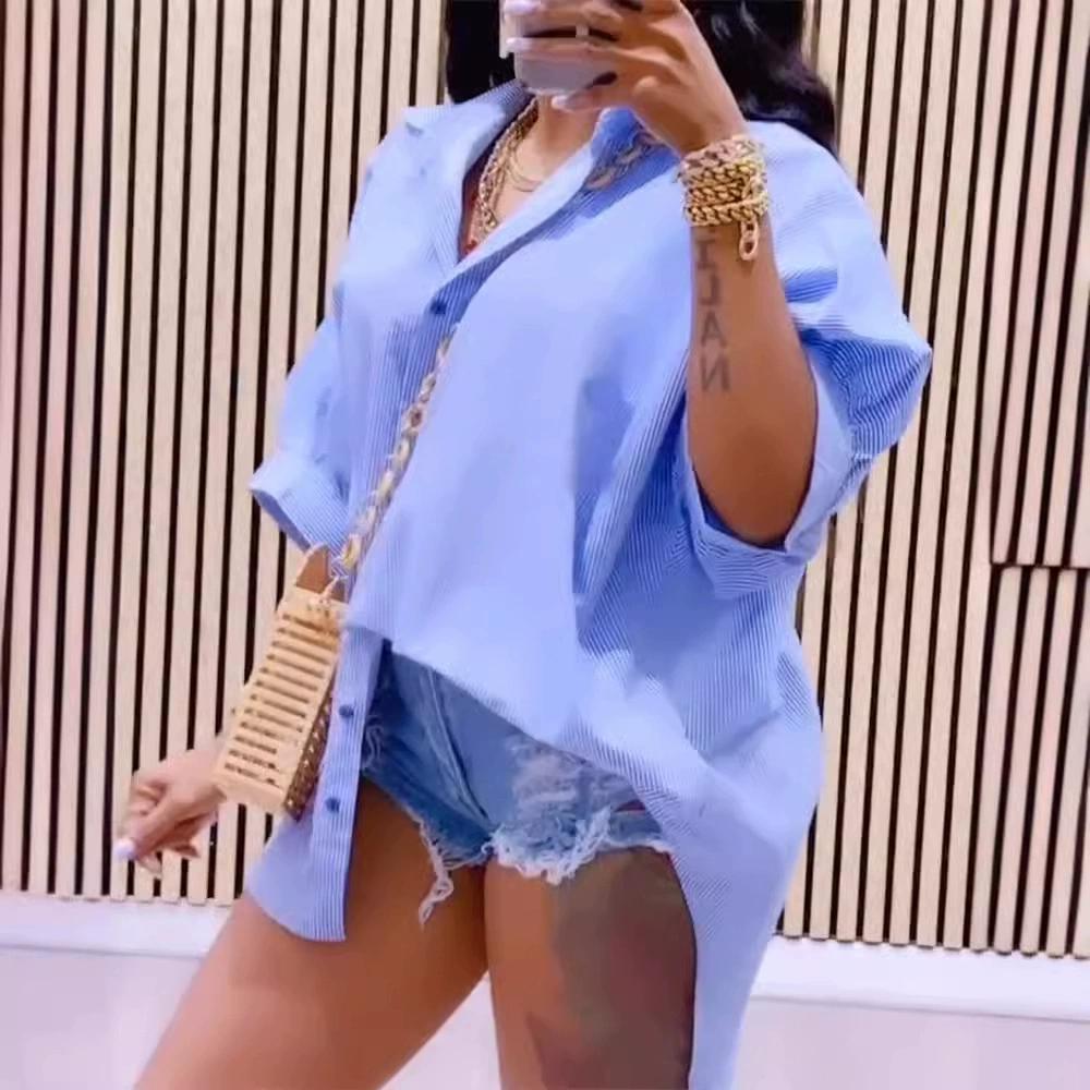 Striped Back Hollow Out Slit Drawstring Strap Design, Loose Sleeved Shirt