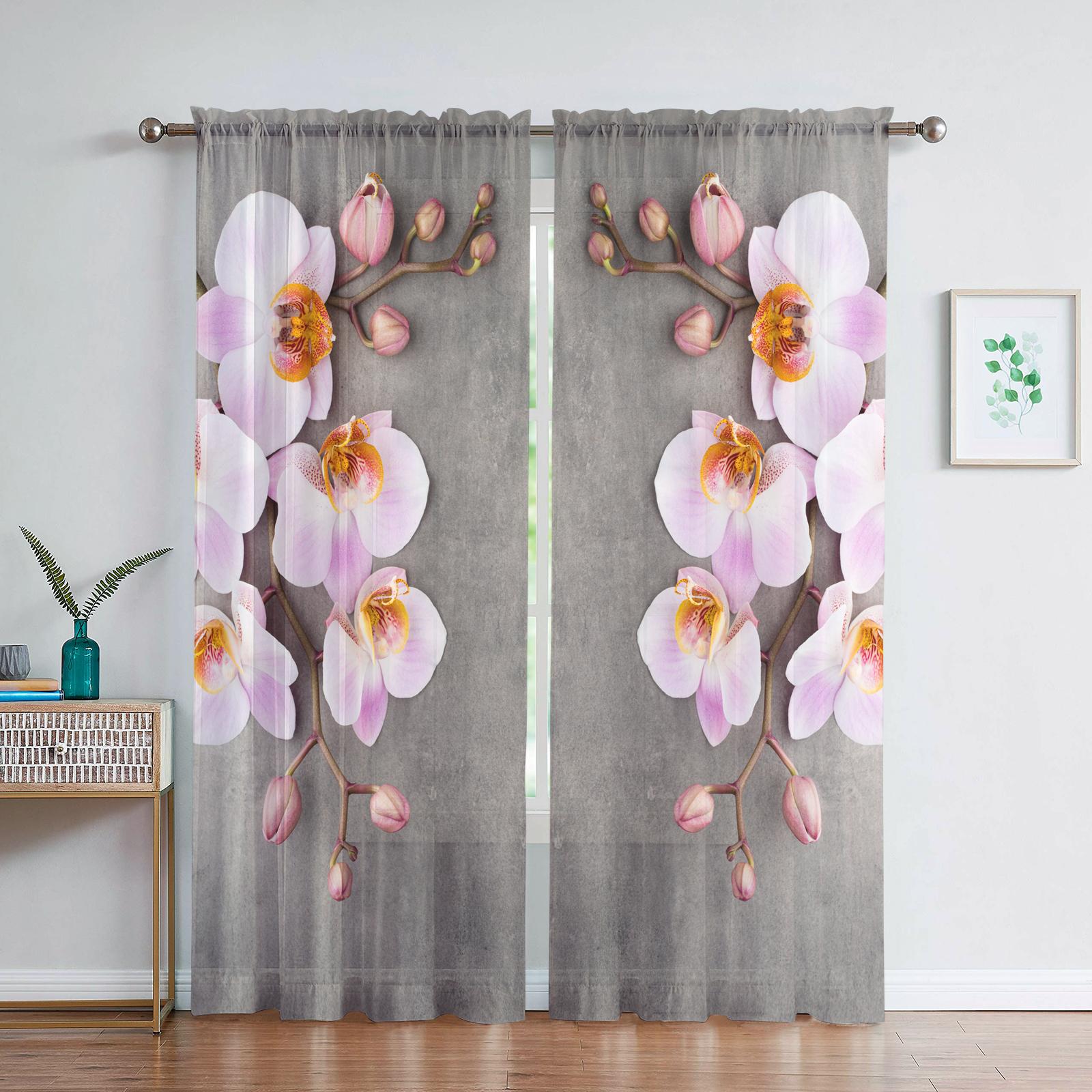 

Phalaenopsis Floral Translucent Voile Drape For Living Dining Room Room Bedroom Space Kitchen Area Window Opening Clear Chiffon Flowers Tulle Drapes 1 PCS W100XH250cm&Rod Pocket