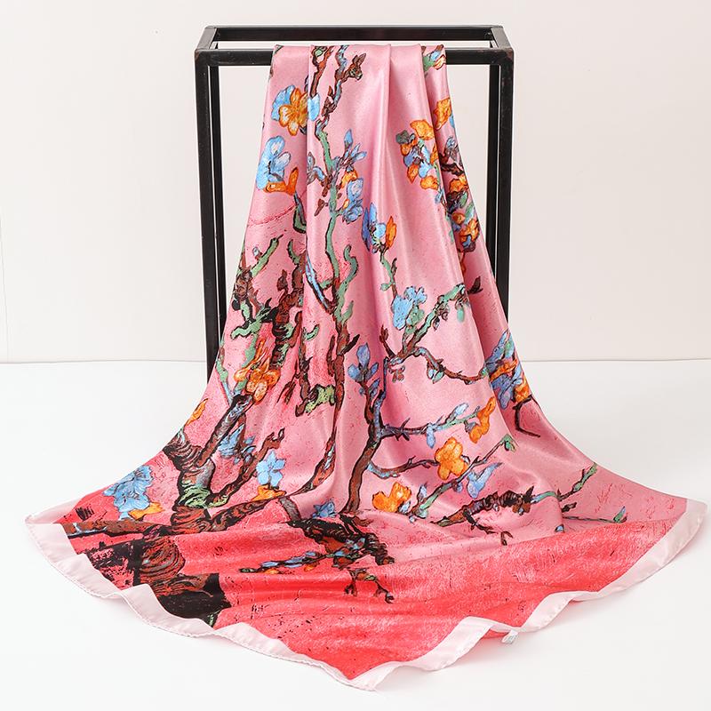 Satin Square Scarf Women Hijab Elegant Print Silk Scarf Neckerchief Shawl Wraps Headband Hair Accessories Bandana 90*90cm
