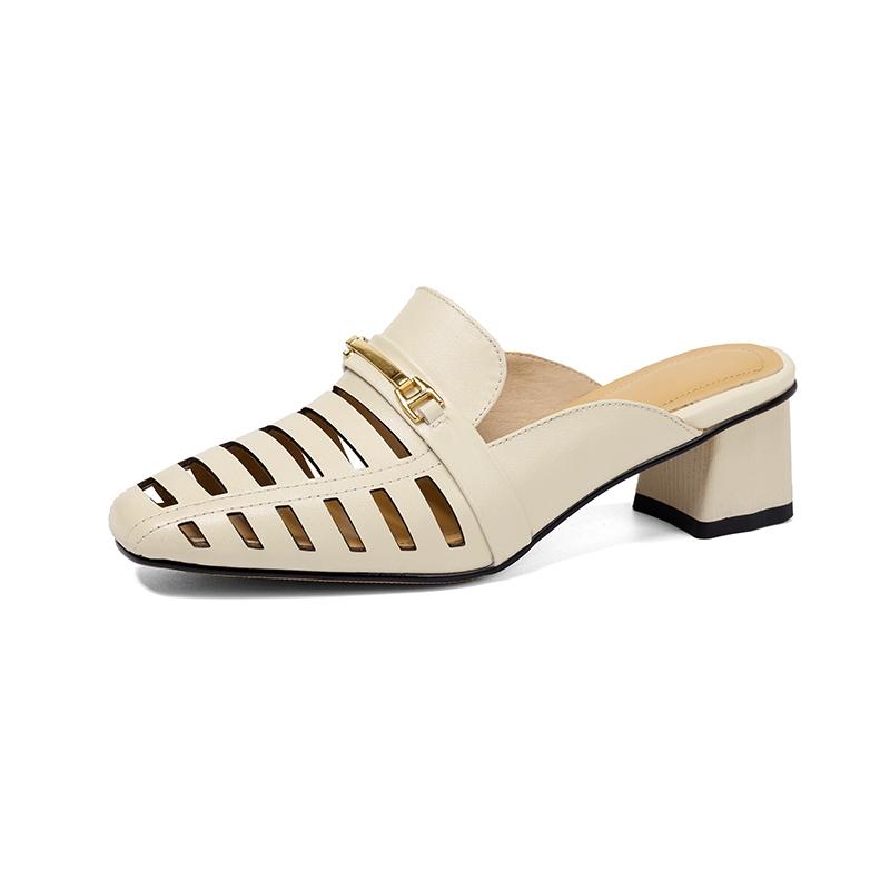 Fashion Women's New Leather, Cowhide, Metal Accessories, Mid Heel, Large Toe, Mueller Slippers, Breathable Perforated Shoes