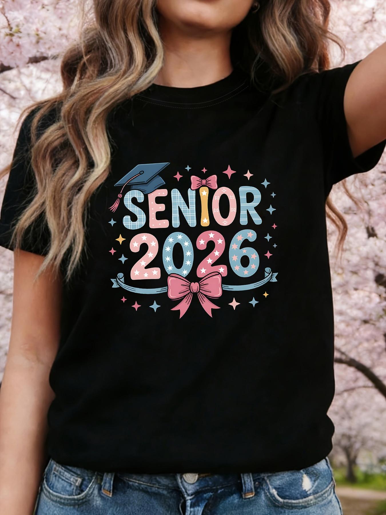 SENIOR 2026 Tee - Stylish Round Neck Top with SENIOR Letter Design, Moderately Stretchy Casual Blouse for Spring And Summer Holidays & Everyday Wear 3XL