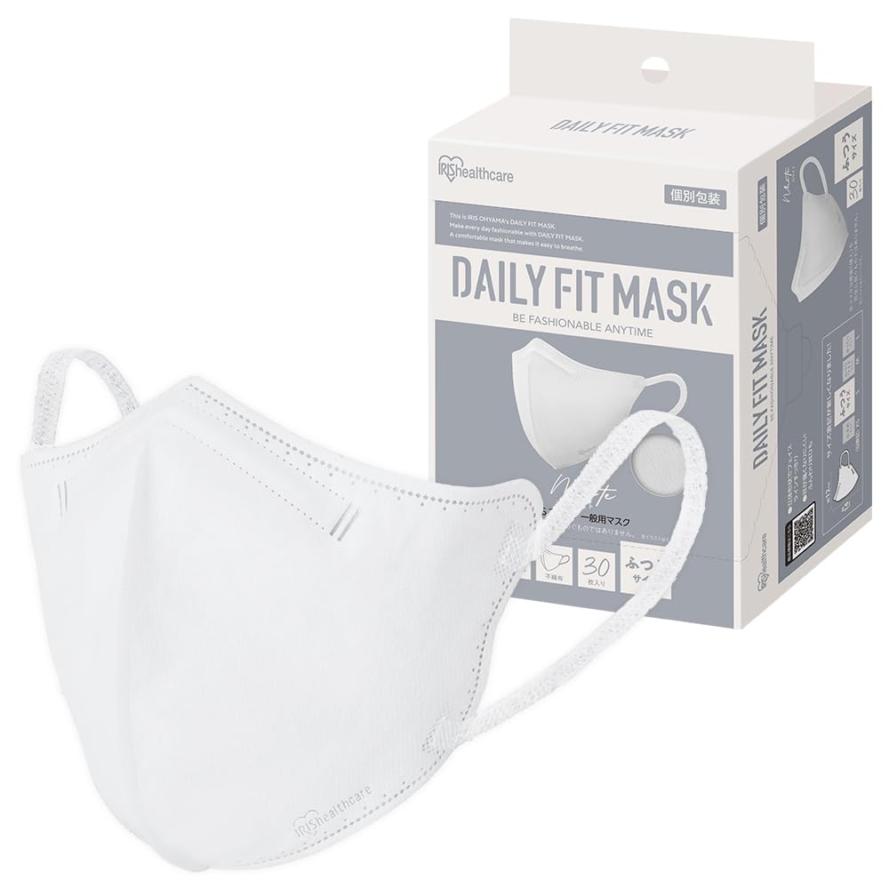 IRIS OHYAMA 3D 30 Regular Individually Fabric Daily No Ear Masks, count, White, Size, Wrapped, Non-Woven Masks, Fit, Pain, RK-F30SW