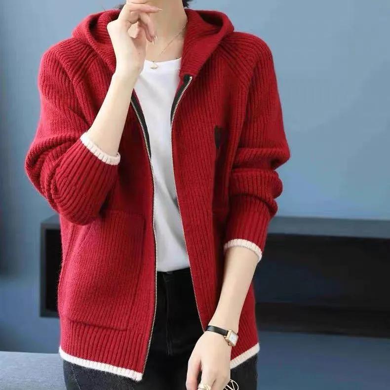 

Женское осеннее вязаное шерстяное пальто с капюшоном на молнии, свободный короткий кардиган, топы с длинным рукавом 2XL красный