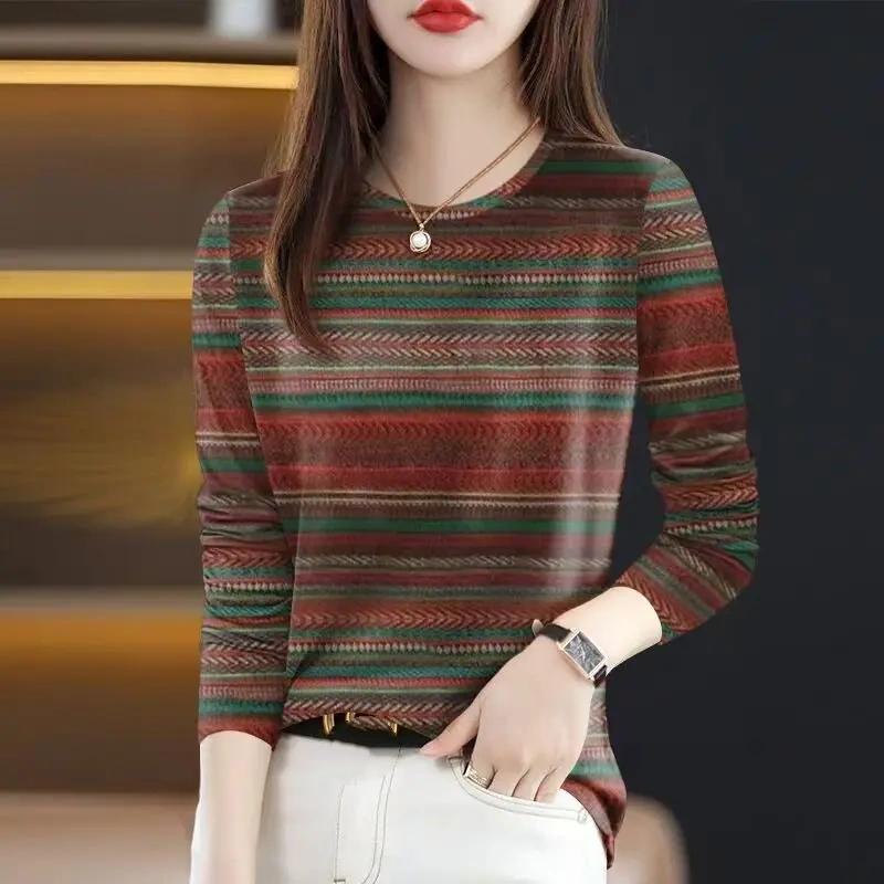 Retro Striped Long Sleeve T-Shirt Women's Loose Belly Covering Slimming Age-Defying Top Casual Style Polyester Fiber Round Neck