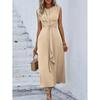 Elegant Sleeveless Front Thin Straps Belted Midi Dress for Summer Women's Solid Color Party A-Line Dress Slim Fit Fashion Evening Dresses