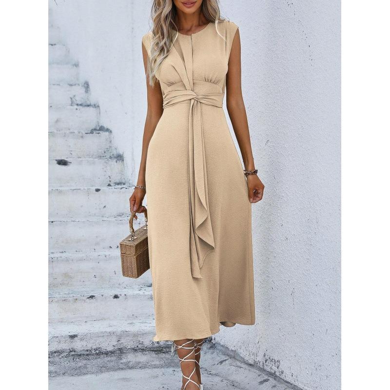Elegant Sleeveless Front Thin Straps Belted Midi Dress for Summer Women's Solid Color Party A-Line Dress Slim Fit Fashion Evening Dresses