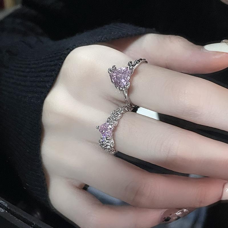Pink Love Texture Open Ring Niche Design Zircon High Sense Cold Wind Irregular Folds Female