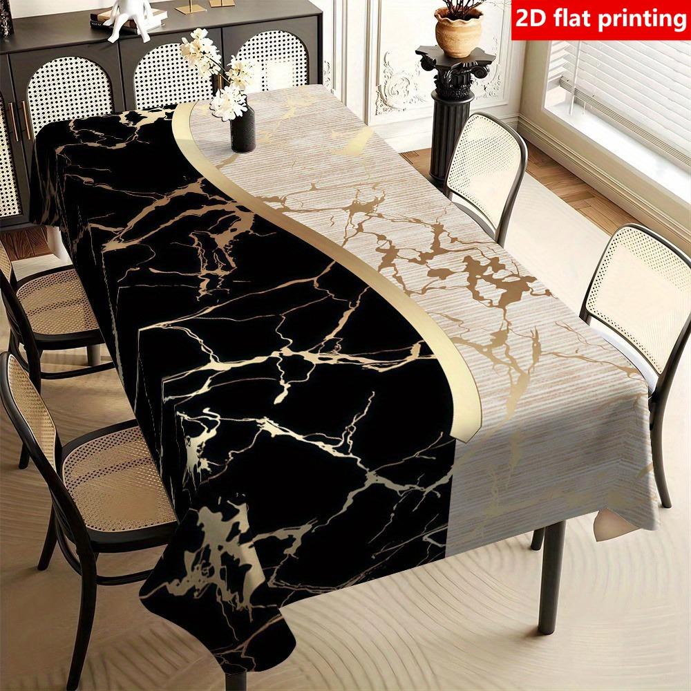 2D Flat Printing, 1pc High-end Luxurious Golden Pattern and Black and White Marble Pattern Spliced Design Tablecloth, Polyester, Flat Print, Square Ta