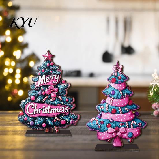 Miniature Christmas Trees for Desk 2D Wooden Tabletop Ornaments, Xmas Tree Santa Party Favors Snowman Sign with Stand, Holiday Decorations Colorful
