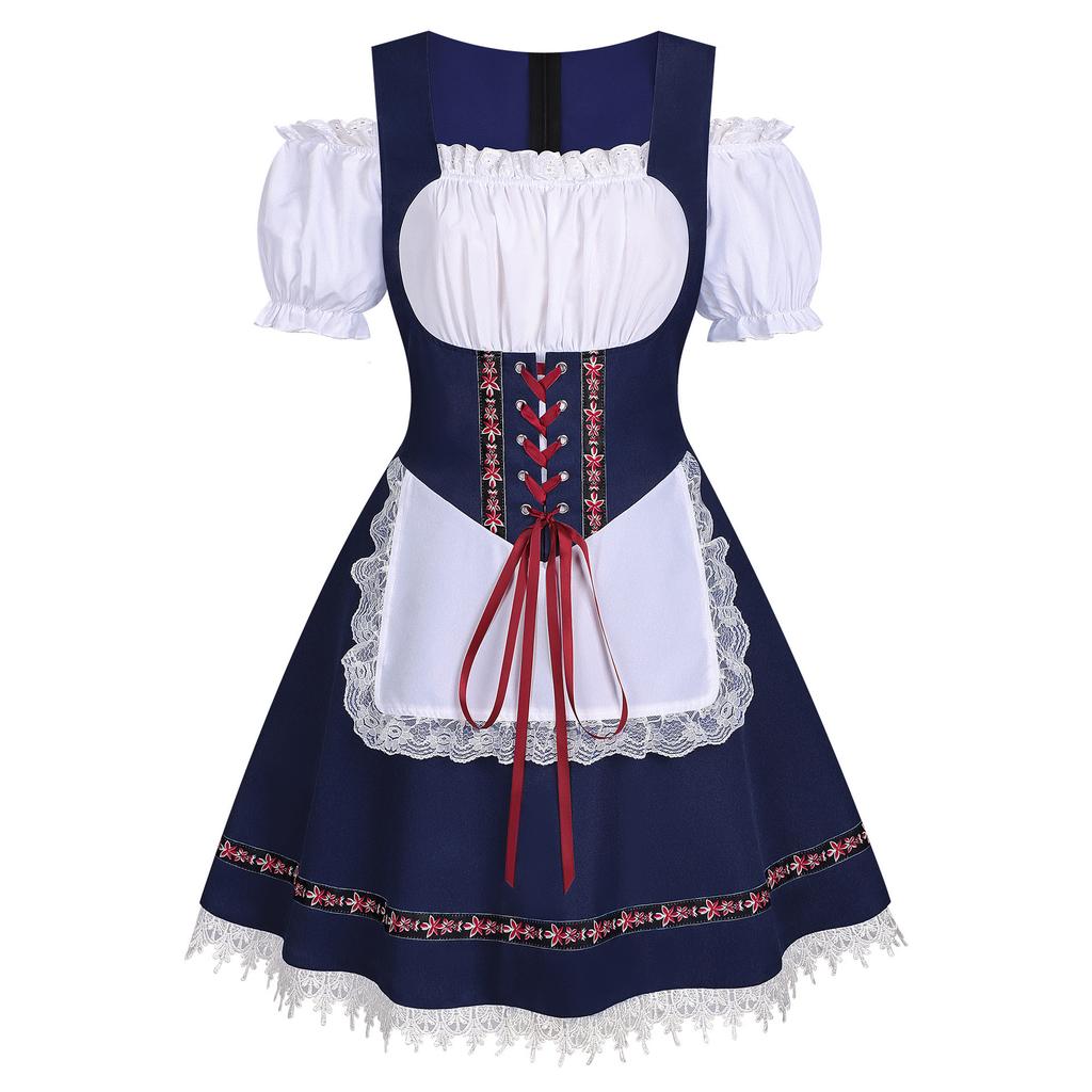 Women Oktoberfest Dirndl Dress Bavarian Beer Maid Costume Off Shoulder Puff Sleeve Lace Apron Dress For Halloween