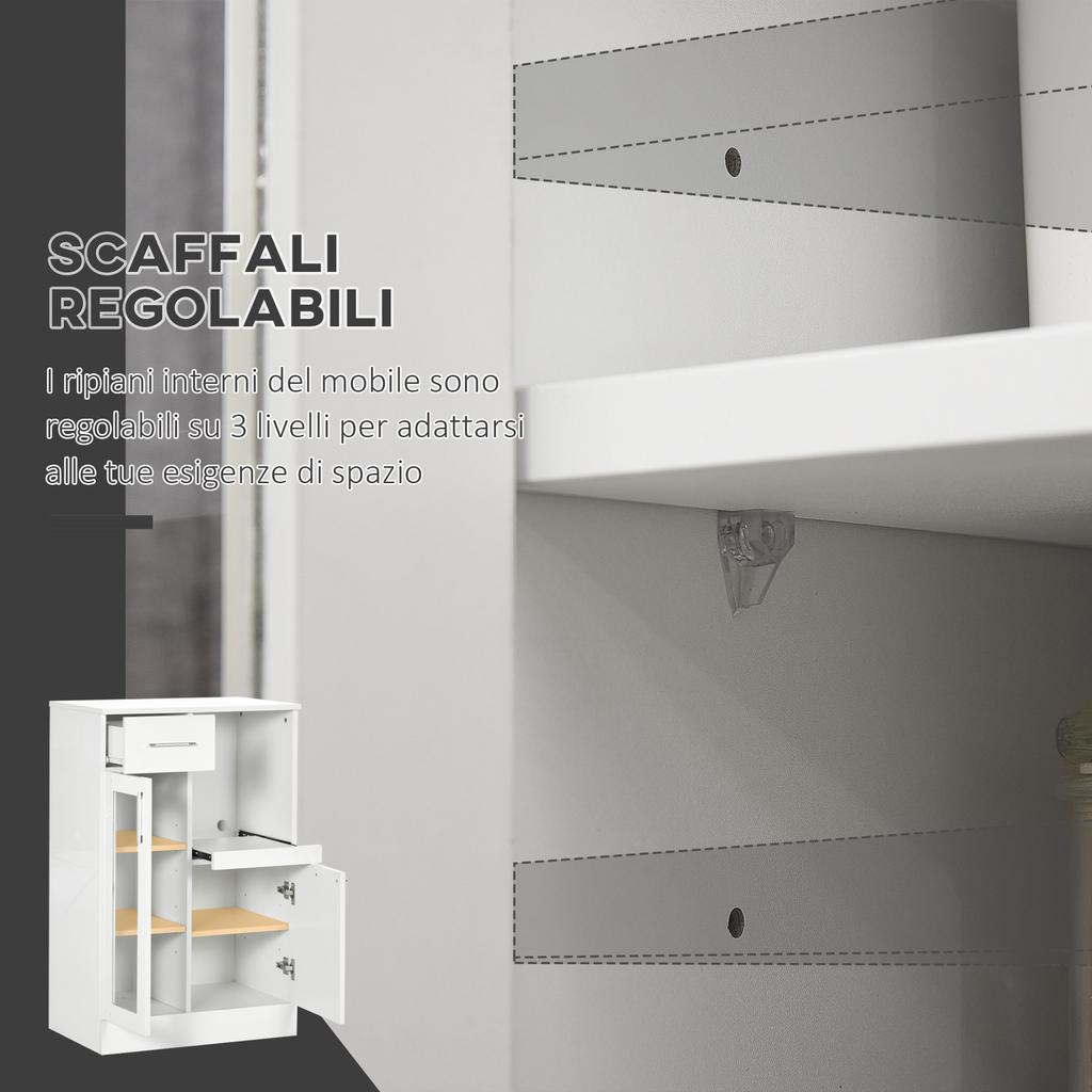 Modern Sideboard with Cupboards and Drawer In Wood and Glass, 60x40x95cm, White