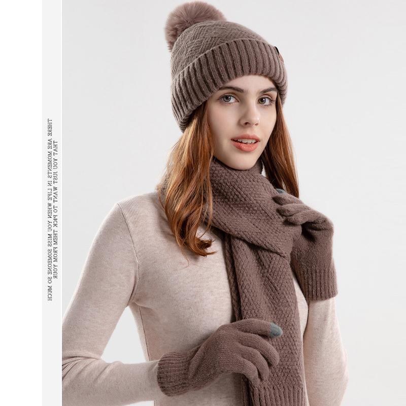Winter Gestrickte Wollmütze Frauen Warme Mütze Schal Handschuhe Dreiteilige Gehörschutz Kappe Hülsenkappe Skullies Beanies