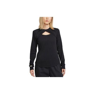 Solid Color Logo Embroidered Hollow Round Neck Pullover Fitted Knit Fashion Sports Long Sleeve T-Shirt Women Tops Black DV8215-010