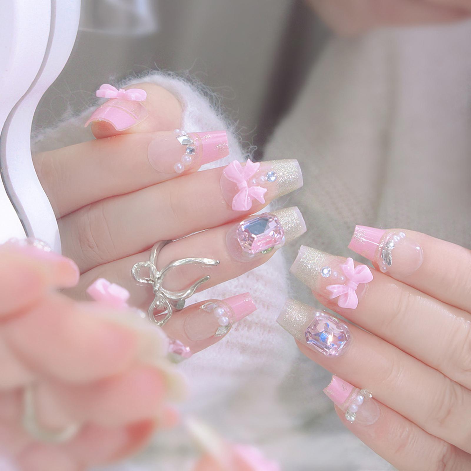 24Pcs Bowknot Artificial Nails With Elegant Ribbon Design For Women Short Medium Length Wearable False Nails A розовый