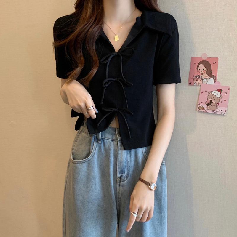 Large Size Shoulder Polo Collar Short-sleeved T-shirt Women's Summer Fat Mm Thin Loose Irregular Bow Short Top