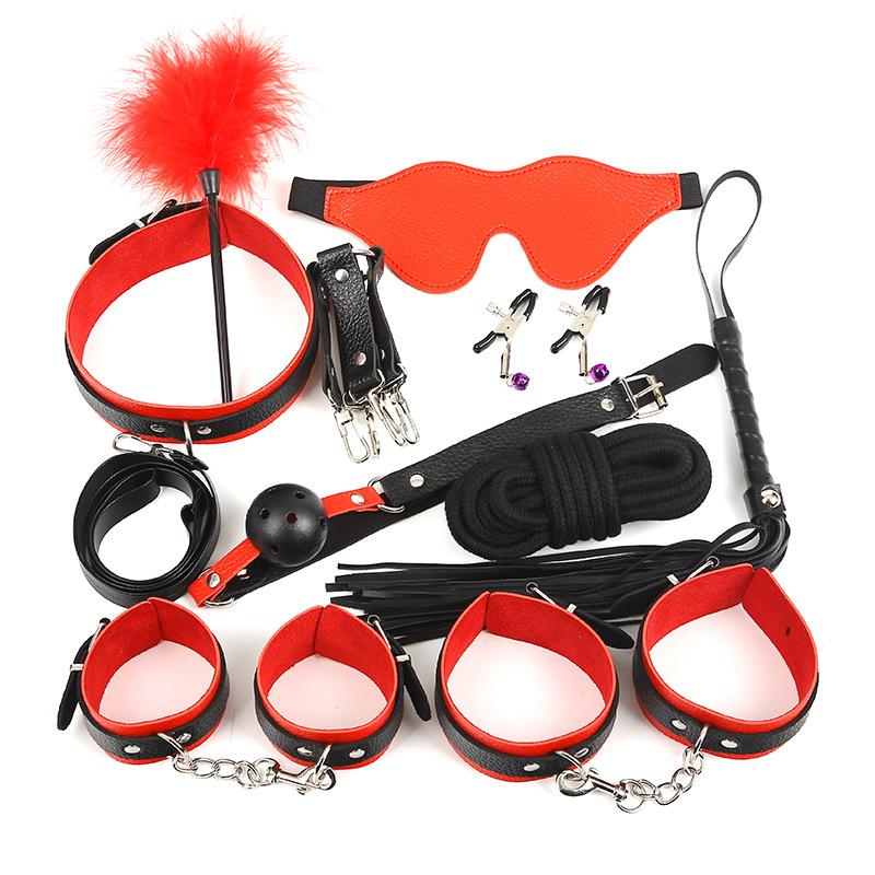 10-Piece Leather BDSM Bondage Restraint Set Handcuffs Blindfold Whip Training Punishment for Women Couples Adult Kinky Sex Toys