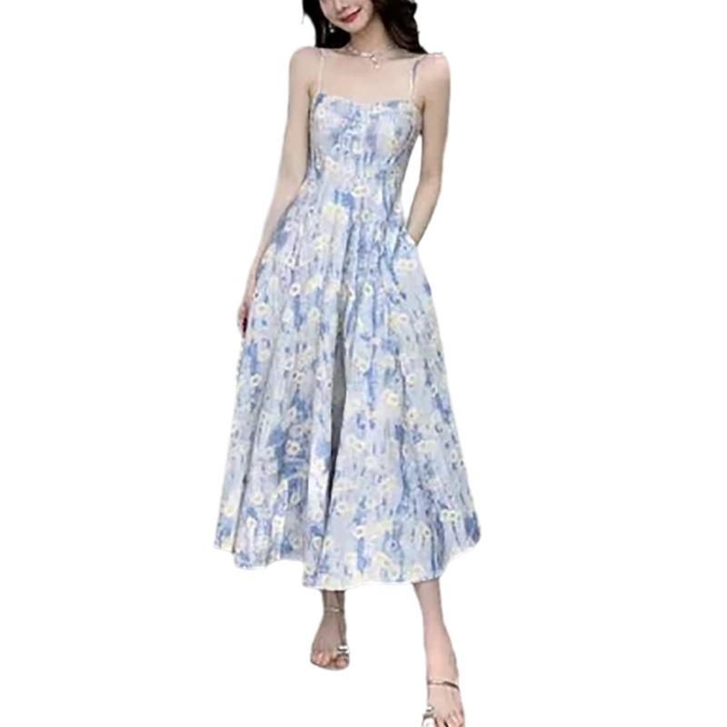 Dámské francouzské květinové modré letní šaty na špagetová ramínka: Elegantní styl Long Beach