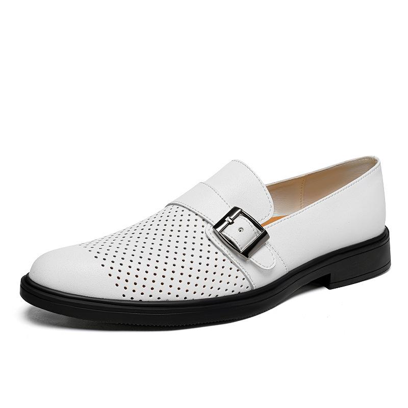 Men s Plus Size 46 Cowhide Loafers: British Casual White Leather Slip-On Shoes, Formal Perforated Breathable Design. 39