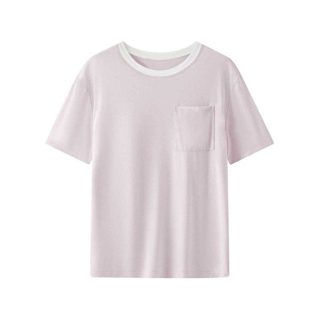 Ice Cloud Cool Feel Color-Blocked Round Neck Short Sleeve Pocket Pajamas with Cups