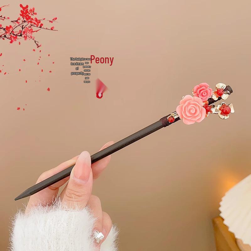 High-End Chinese Wooden Hairpin with Tassels – Ancient Style Ebony Faux for Women
