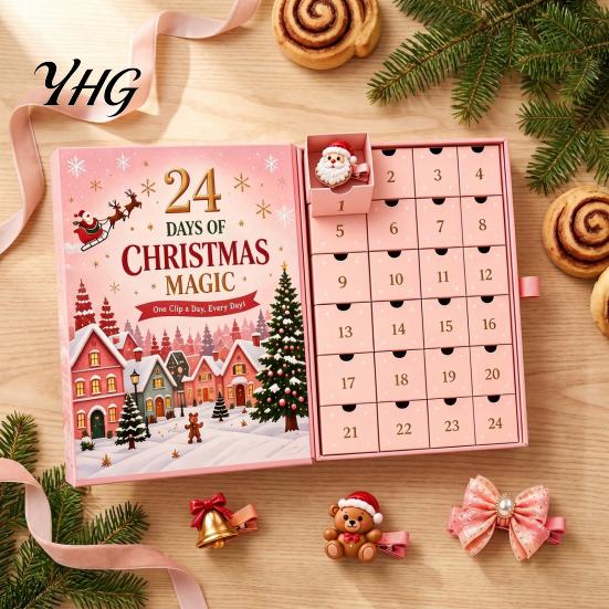Hair Clips for Holiday Outfits 24-Day Christmas Clip Advent Calendar, Girls Countdown Box with Gift Daughter 24 Cute Hairpins, Party Gift, DIY
